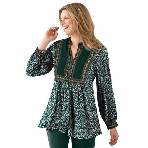 Woman Within Button Front Mixed Print Tunic Plus Size 1X 22/24 NWT Green Floral - Picture 1 of 7